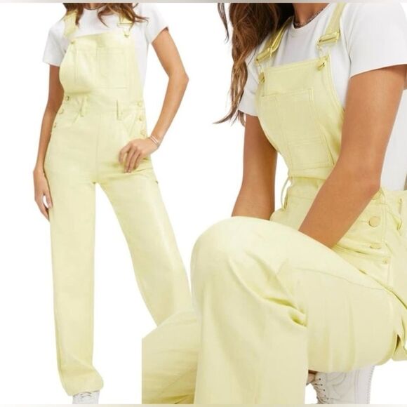 Good American Faux Leather Straight Leg Overalls Key lime color - Picture 2 of 6